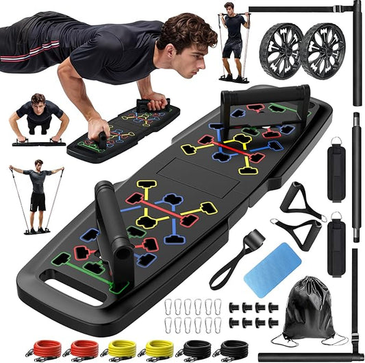 Push Up Board Home Gym Set – Portable Exercise Equipment with Pilates Bar, Resistance Bands, Ab Roller & 20 Fitness Accessories for Full Body Workouts